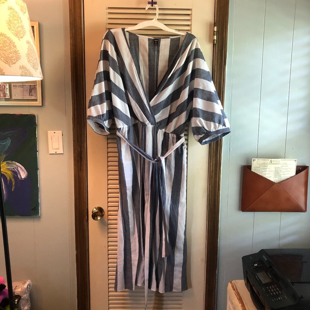 Blue and White Striped Linen Wrap-Style Dress